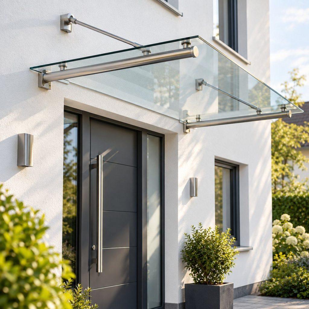 Vordach aus Edelstahl und Glas